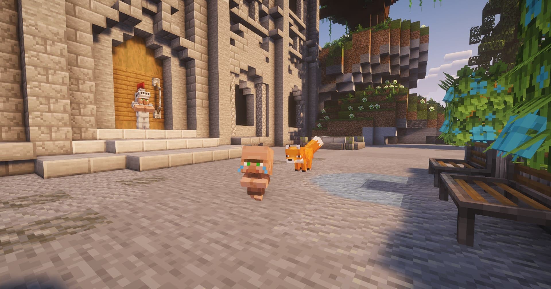 L'ingresso del palazzo dello spawn di Charlie Realms, con una guardia e una volpe